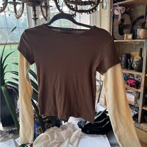 Brandy Melville Brown and Cream Long Sleeve Tee